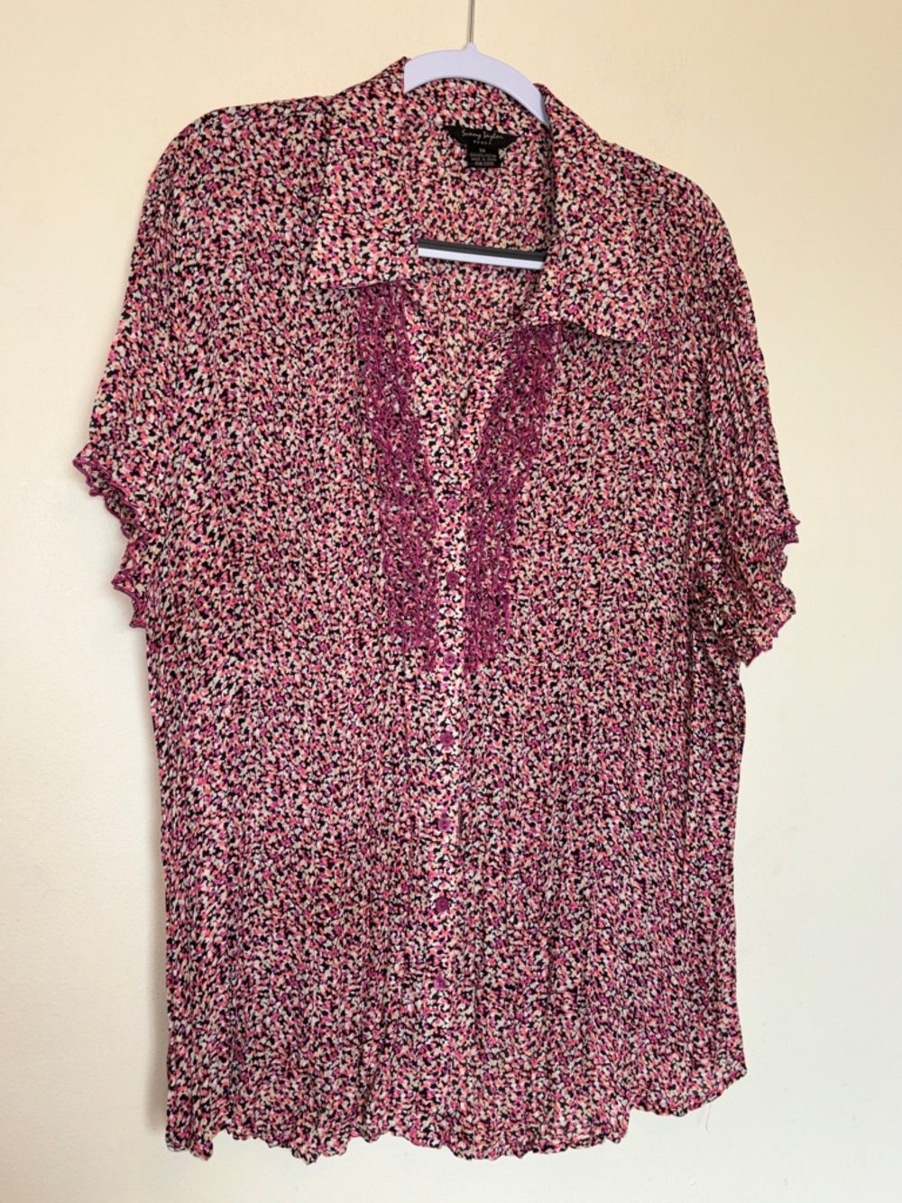 Sunny Taylor Crinkle Boho Blouse Sz 3X Floral Button Embroidered Peasant Prairie